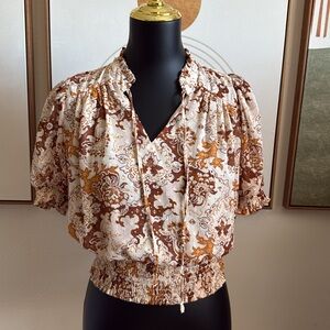 3/$10 Rachel Zoe Smocked Puff Sleeve Blouse in Brown and Tan